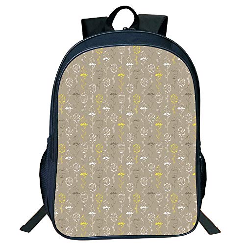 iPrint Personal Tailor Black Double-Deck Rucksackk,Grey and Yellow,Hand Drawn Sketchy Tulips Flowers Leaves Butterflies Art Image,Cocoa Black and White,for Kids,Diversified Design.15.7"x 11.8"x 6.3"