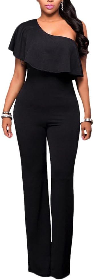LaoZan Women's One Sholder Off High Waist Wide Leg Long Casual Pants Jumpsuit Rompers