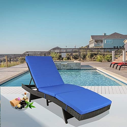Leaptime Outdoor Chaise Lounge Rattan Chairs Patio Lounger Garden Furniture Pool Sunbed w/Cushion 5 Positions Adjustable Backrest Black Rattan Royal Blue Cushion
