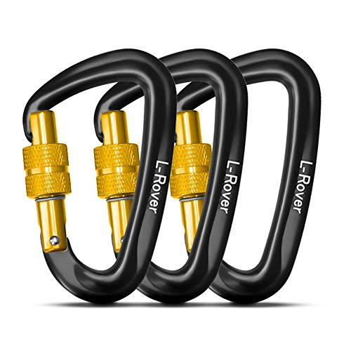 L-Rover The Best Ultra Sturdy Locking Carabiner Clips, Heavy Duty Caribeaners, x3/12kN/2645-pound Rating for Hammocks, Swing,Locking Dog Leash and Harness, Camping, Key Chains,Hiking & Utility