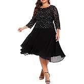 Women's Plus Size Tea Length Sequin Lace Dress Mother Gifts Special Occasion Wedding Party Dresses