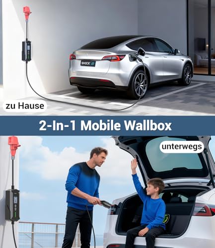 Mobile Wallbox 11 kW Type 2 Charging Cable - 7 m | 6-16 A | 3-Phase EV Charger Waterproof with Adjustable Charging Power, Setting Start Time, CEE 16A to Type 2 Charging Cable, for All EVs (IEC 62196-2) & PHEVS