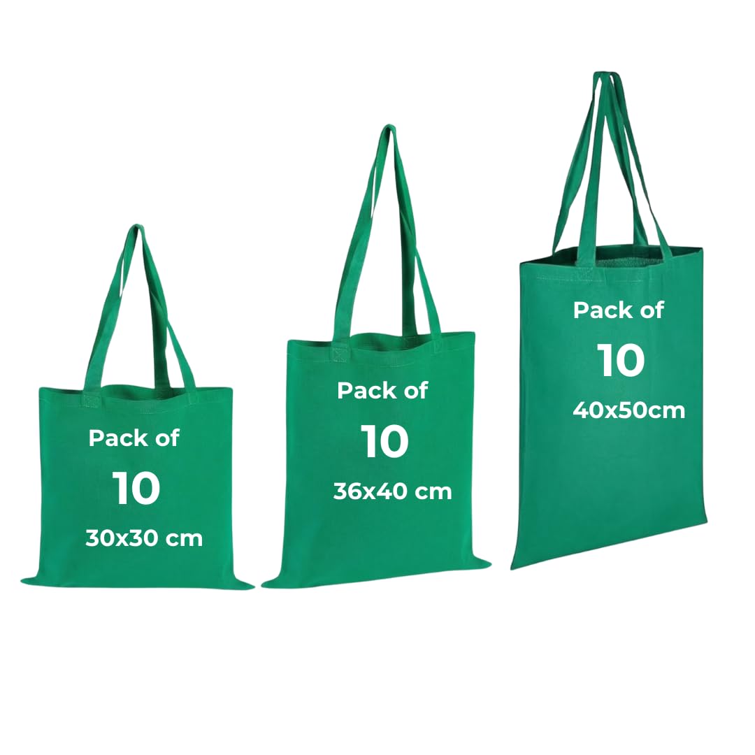 IMFAA Pack of 10 Premium-Quality Long Lasting 100% Cotton Canvas Tote Reusable Shopping Bags Ideal for Printing and Embroidery (Green,Large 50x40x60)