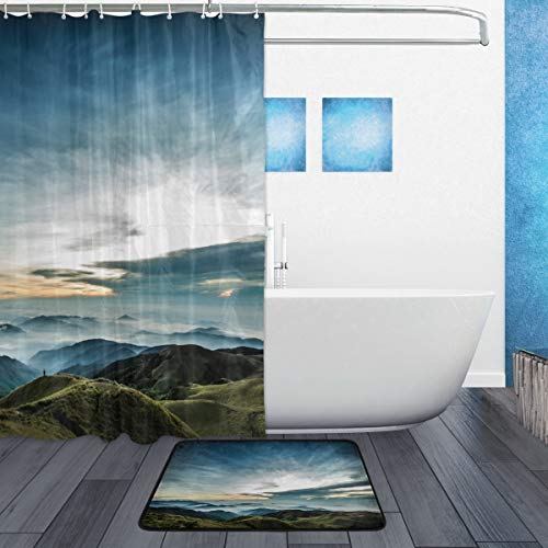 LORVIES Lanscape Bathroom Set, Polyester Fabric Shower Curtain (60X72 Inch) with Bath Mats Rugs(15.7 X 23.6 Inch)-12 Rings