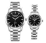 Valentines His and Hers Pair Watches - fq240 Men's Women's Silvery Stainless Steel Dress Wristwatches,Simple Style,Black Face,Set of 2