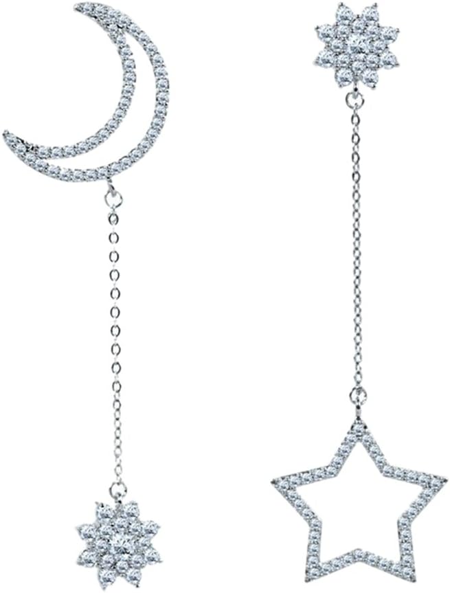 S925 Sterling Silver Ethereal Mismatched Asymmetric Crystal Open Moon And Star Dangle Drop Earrings for Women