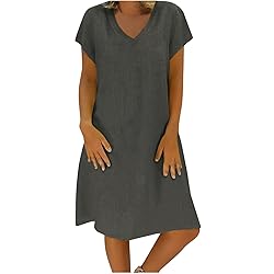 Women's Summer Cotton Linen Dress Loose V-Neck