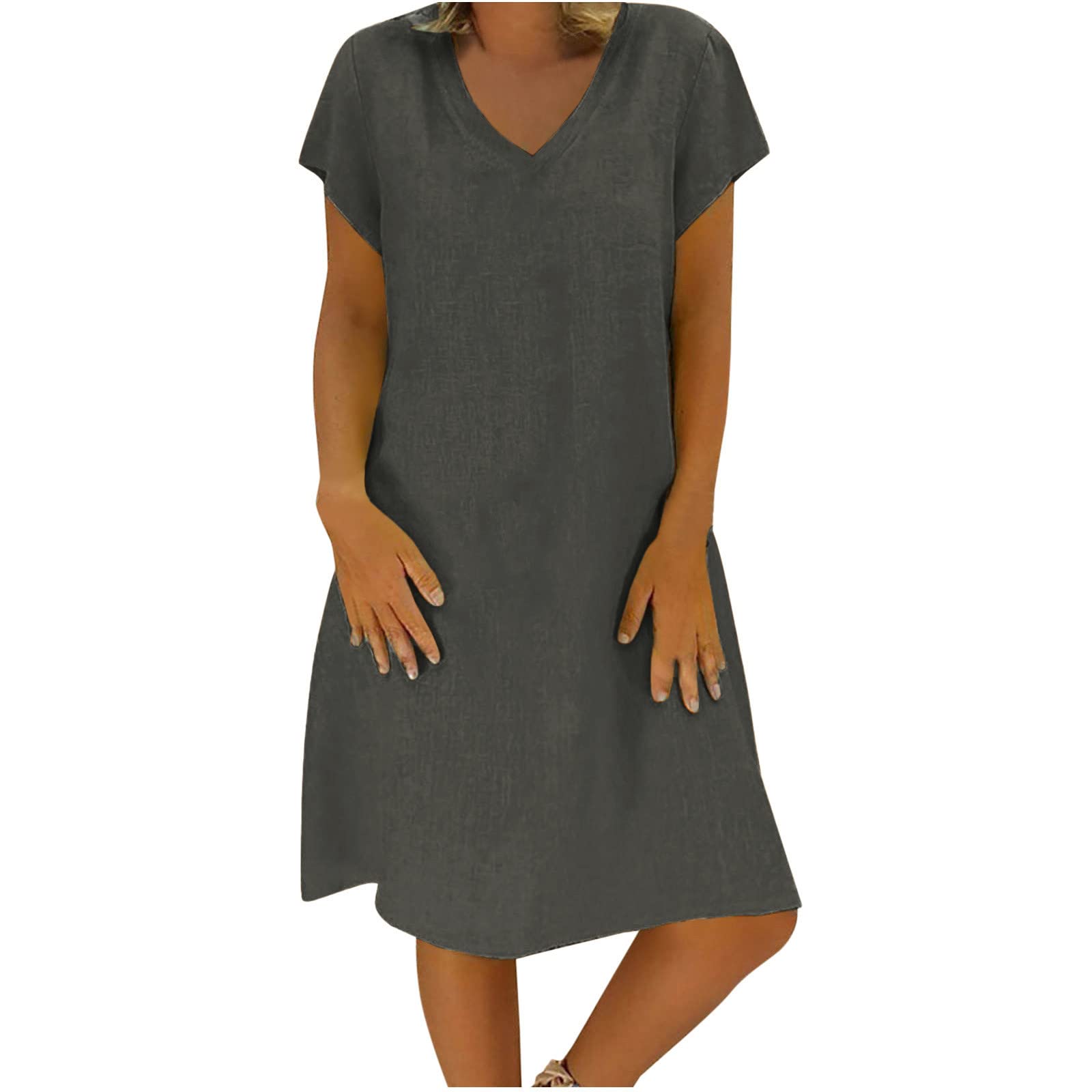 Women's Summer Cotton Linen Dress Loose V-Neck