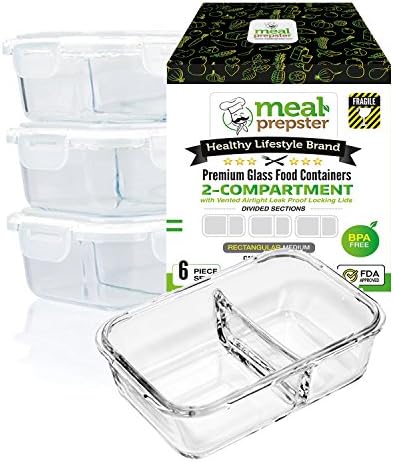 [LAUNCH SPECIAL] Meal Prep Divided Glass Containers 3-Pack Set with Vented Snap Lock Lids - BPA Leak Free (35 oz, 4.4 cups, Rectangle 2 Compartment) Oven Microwave Dishwash Freezer Safe Food Storage