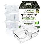 [LAUNCH SPECIAL] Meal Prep Divided Glass Containers 3-Pack Set with Vented Snap Lock Lids - BPA Leak Free (35 oz, 4.4 cups, Rectangle 2 Compartment) Oven Microwave Dishwash Freezer Safe Food Storage