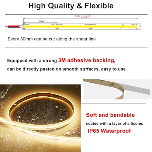 SIRYYUI COB Waterproof LED Strip Light IP65 10M,2700K Warm White,384LEDs/M High Density 24V Dotless Tape Light,CRI90+,Self-Adhesive Strip Lights Perfectly Bathroom,Kitchens Decor (No Power Supply)