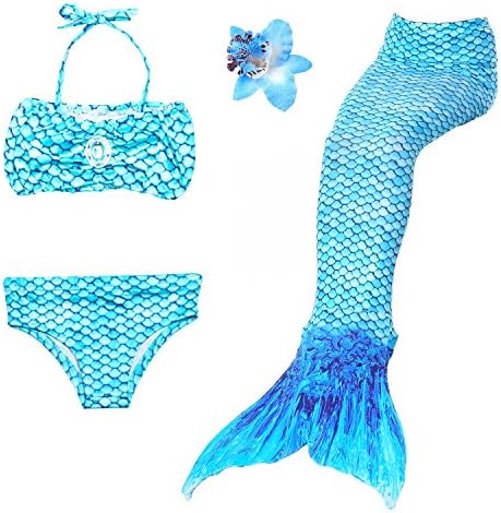 Familycrazy 3 Piece Mermaid with Tail Swimsuit Wet/Dry Outfit with Flower Headband (120cm, Blue)