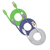 3 Pack 6ft Durable Hi-Speed Braided Flat Noodle Lightning USB SYNC Cable Charger Cord for iPhone 6, 6 Plus, 5, 5C, 5S, iPad 4, iPad Mini, Ipad Air, iPod Touch 5th Gen, iPod Nano 7th Gen, Support Latest IOS, 8-pin to USB - (green, purple, white)