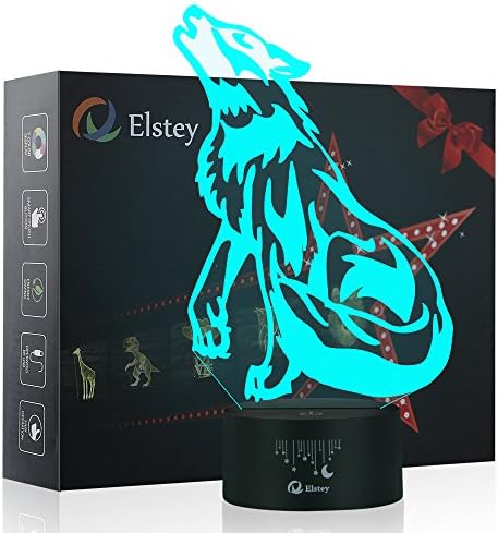 Wolf 3D LED Night Light Touch Table Desk Optical Illusion Lamps, Elstey 7 Color Changing Lights with Acrylic Flat & ABS Base & USB Cable for Holiday Gift