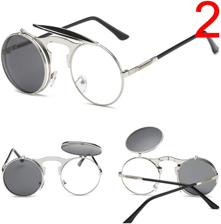 CCGSDJ Women Mens Clip On Sunglasses Metal Punk Sun Glasses Male Retro Steampunk Round Flip Up Sunglass