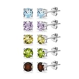 5-Pair Set Sterling Silver Amethyst, Blue Topaz, Citrine, Garnet & Peridot 5mm Round Stud Earrings