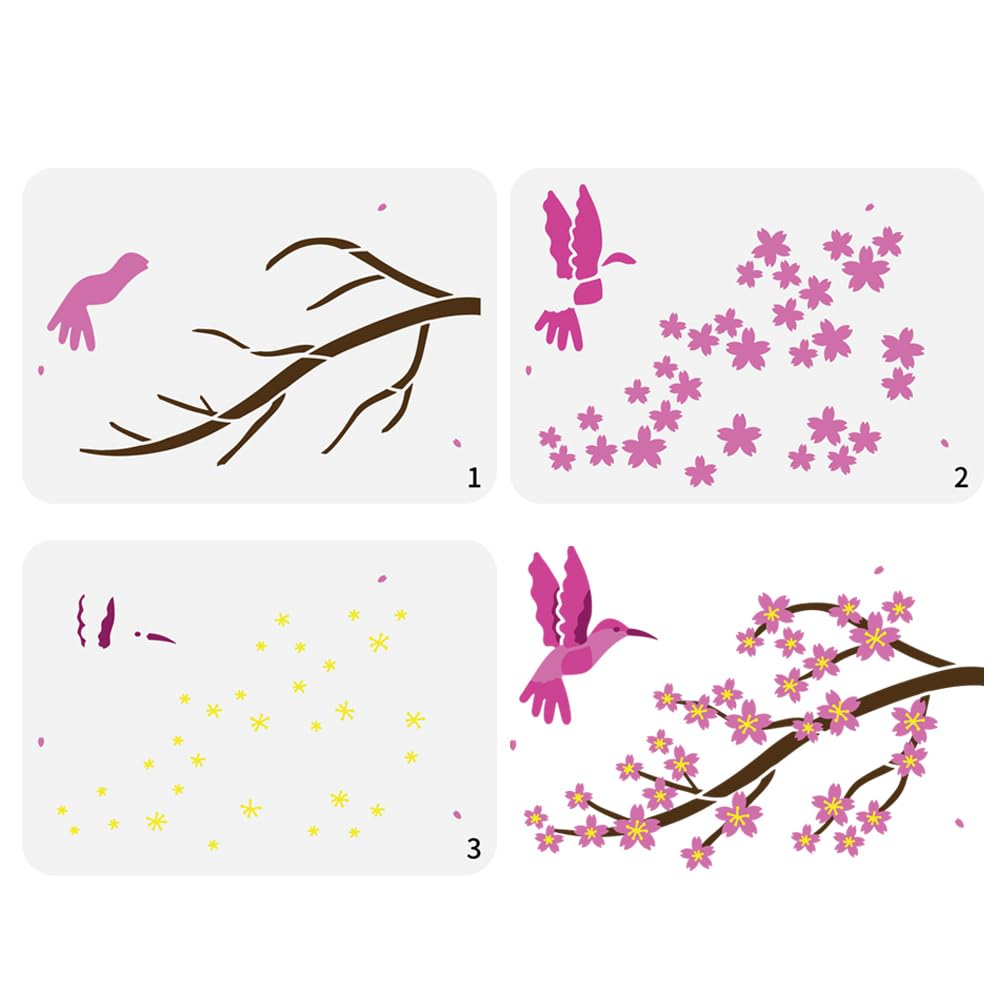 FINGERINSPIRE 3-Piece Layered Cherry Blossoms Painting Stencil - 21x29.7cm Large Hummingbird Stencil Plastic PET Branches Plants Bird Drawing Template Animal Theme for Home Wall Floor Decor