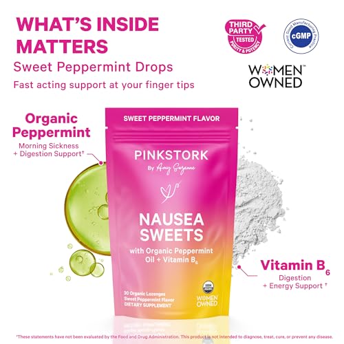 Pink Stork Organic Peppermint Sweets, Peppermint, 30 Candies | Morning Sickness Support, Motion Sickness Support, Added Vitamin B6, 1st Trimester Pregnancy Must Haves, Wrapped