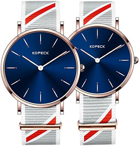 KOPECK His and Hers Ultra Thin Stainless Steel Quartz Wrist Couple Watches for Lovers (grey nylon)