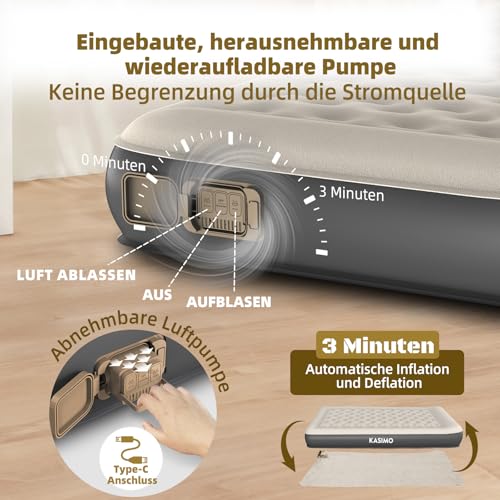 KASIMO TPU Air Mattress Self-Inflating, Air Bed for 2 People, Guest Bed with Integrated Electric Pump, Inflatable Mattress with Cushion, Air Mattress 190 x 150 x 22 cm for Guests at Home and Camping