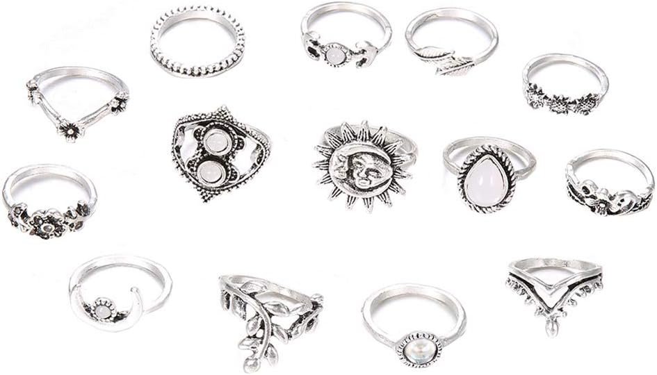 Slendima 14Pcs Vintage Style Moon Sunflower Finger Midi Knuckle Rings Set Women Party Jewelry Silver