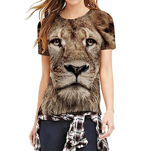 Click Here to See More Images NREALY Women Funny Mode 3D Print Lion Casual Short Sleeve Top Blouse T Shirts(Large, Brown)