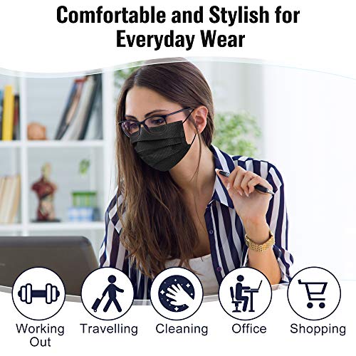 Black Face Mask for Adults Women Men, Black Face Mask Disposable, Breathable Disposable Mask with Adjustable Ear Loops (30PCS)