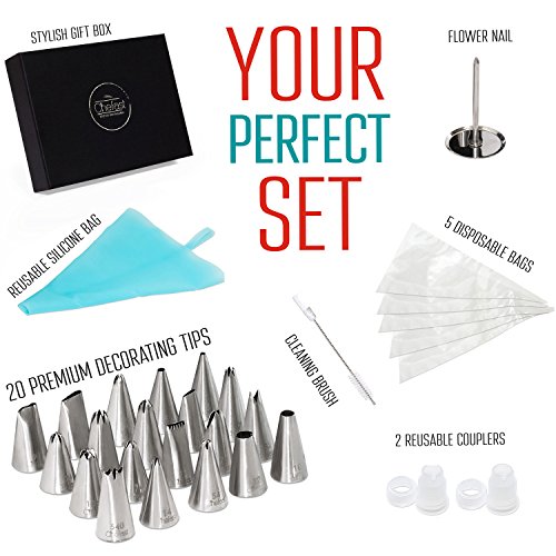 Chefast Cake Decorating Tip Set 20 Piping Tips, 5 Frosting Bags, 4 Bag Ties, Couplers, Nail