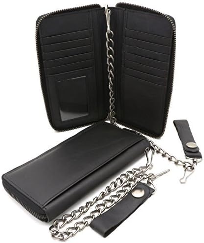 Bifold Black Genuine Leather Checkbook Holder Zip-around Wallet with a Chain