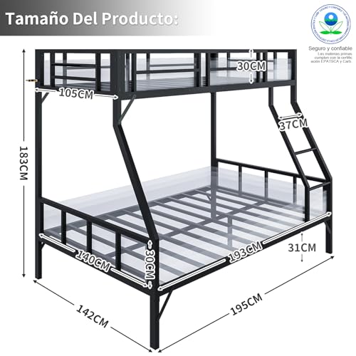 SIMPLE ESPACIO Literas Individuales y Matrimonial, Barandilla, Negro | 142x183x195CM, lamas metal, barandilla 30CM, escalera. Literas matrimonial e individual, litera individual, cama litera.