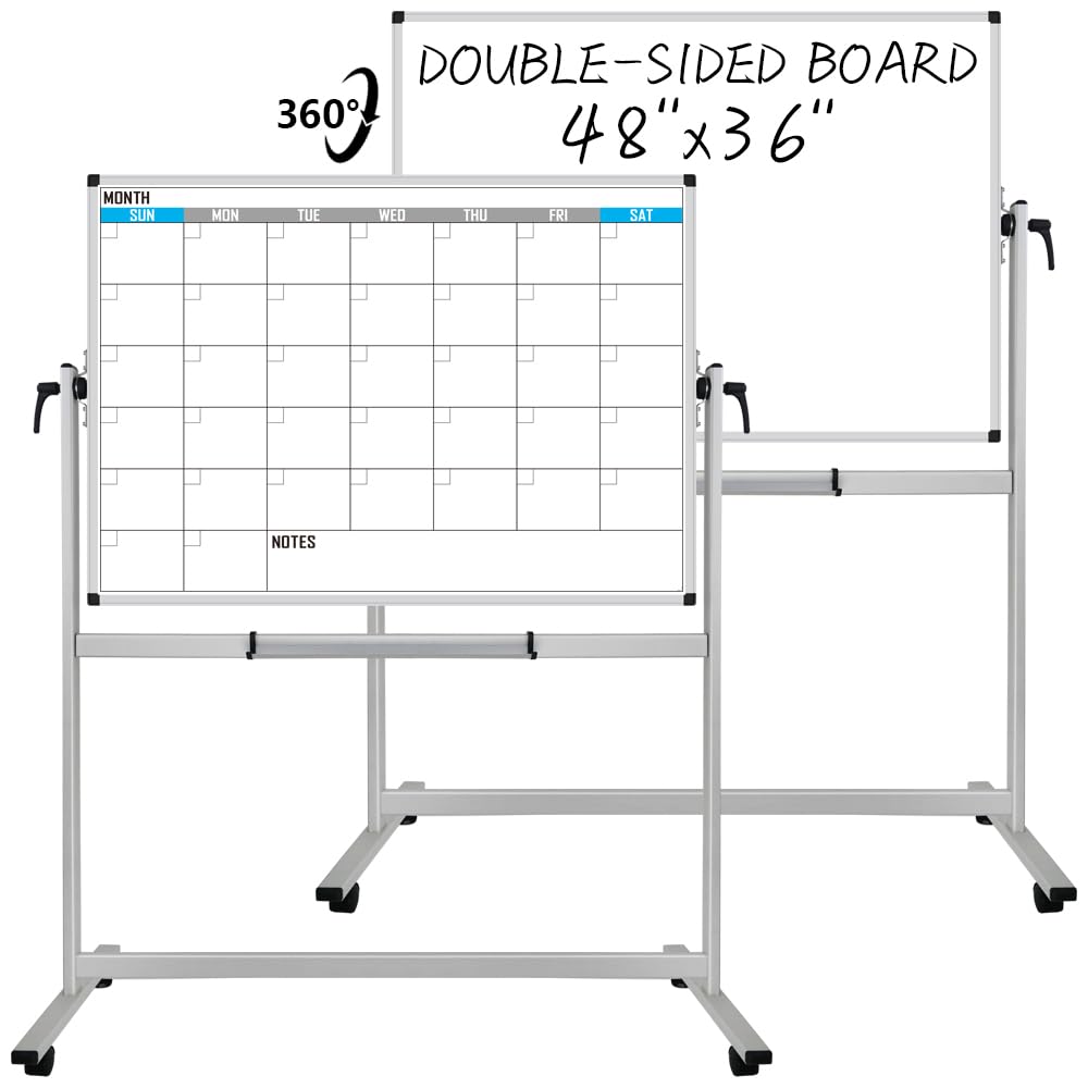 Photo 1 of XBoard Magnetic Mobile Whiteboard, Double Sided Magnetic Dry Erase White Board on Wheels, Large Portable Easel with Stand and Aluminium Frame for Home School Office (Calendar 48x36-Inch)