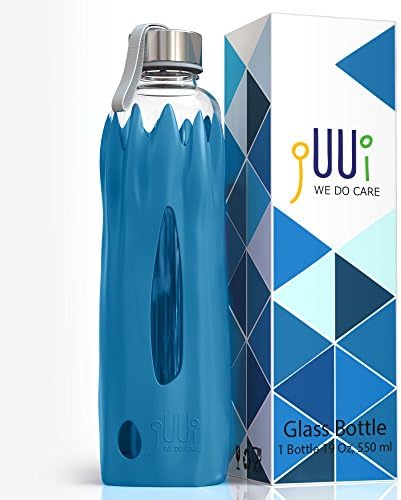 jUUi Glass Water Bottle with Silicone Sleeve and No Spill Stainless Steel Lid - Shatter-Resistant Glass Water Bottle - Eco Water Bottle - 18.6 Oz (Sky Blue)