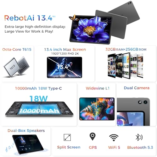 RebotAi Tablet 13.4 Inch, Android 16 Tablet with Octa-Core Processor, 32GB RAM+256GB ROM/ 1TB TF, 10000mAh Large Tablet 1920 * 1200 IPS, 5+16MP/GPS/Gemini AI/Widevine L1, Case Included