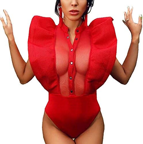 Khaleesi Women's Sexy Patchwork Ruffle Combinaison Femme Vintage Bodycon Rompers Red S