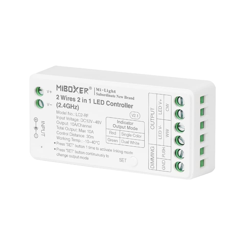 LGIDTECH LC2-RF Miboxer 2 Wires 2 in 1 LED Controller RF 2.4GHz,Used for Single Color & COB 2 Wires CCT Dual White Color LED Strip Light,Smartphone APP Control via Gateway(Excluded)