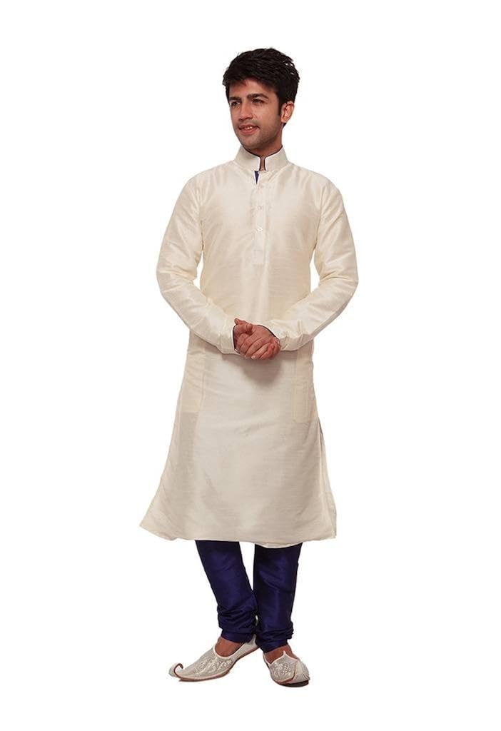 larwa men's silk kurta pyjama set (kurtanavyblue/redpyjamipipingprnt)