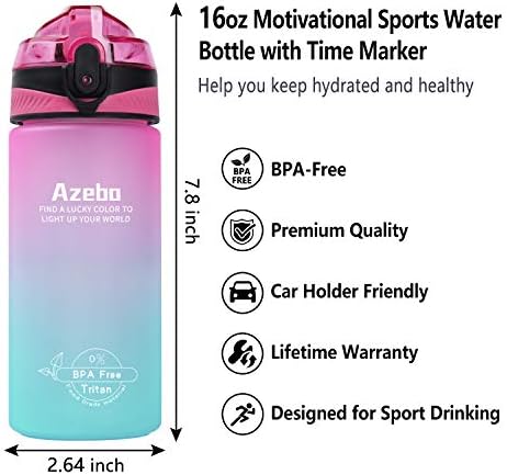 Reusable BPA-free water bottle in light blue color, displaying time markers for daily hydration tracking.