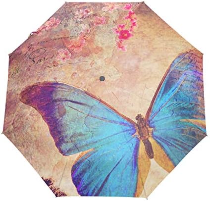 Umbrella Animal Butterfly Vintage Flower 3 Folds Auto Open Close Anti-UV Windproof Lightweight