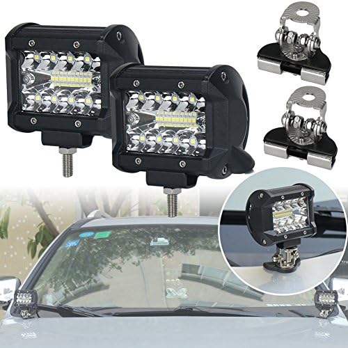 OVOTOR 4inch LED Pods Off Road LED Driving Work Light Bar Triple Row 60W Combo Beam + Universal A Pillar Hood Stainless Steel Auxiliary Light Bar Mounts Bracket Clamp Holder Kit Install without Drilli