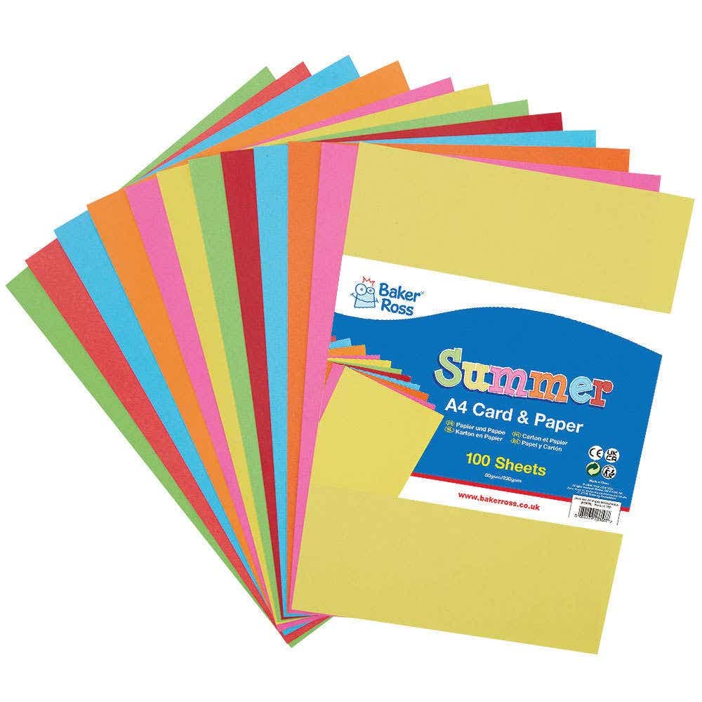 Baker Ross FC875 Summer A4 Card and Paper Pack - Pack of 100 Sheets, Kids Crafts, Arts and Crafts for Kids, School Supplies