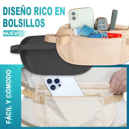 2 Piezas Cinturón de Viaje Antirrobo - Bolsa Oculta Ultradelgado para Pasaporte, Efectivo, Tarjetas - Cremallera Segura Invisible y Cinturón Regulable - Ligero para Viajar, Deporte cartera antirrobo