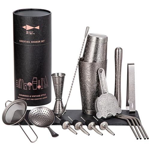 SKY FISH® Shaker per Cocktail Boston, Kit Cocktail da 18 Pezzi con Design in Rilievo 3D, Set da Barman Professionale per Gli Amanti dei Cocktails, Lavaggio a Mano, Grigio Spazio