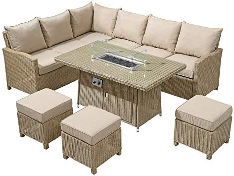 Nova - Ciara Outdoor Rattan Corner Dining Set - Fire Pit Garden Table & Left Arm Sofa with Stools - Willow Wicker Weave Patio Furniture