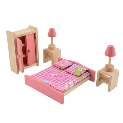 Innersetting Wooden Doll Bathroom Furniture Dollhouse Miniature for Kids Toy (Bedroom