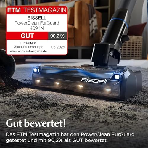 Bissell PowerClean FurGuard, Battery Vacuum Cleaner, 280 W Motor, Self-Cleaning Brush Roll, FurFinder Light, Wireless Vacuum Cleaner, Freestanding, HEPA Filter, 2500 mAh Replacement Battery, 50 min Runtime, 4091N