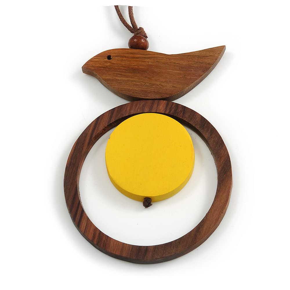 Avalaya Brown/Yellow Bird and Circle Wooden Pendant Cotton Cord Long Necklace - 84cm L/ 10cm Pendant