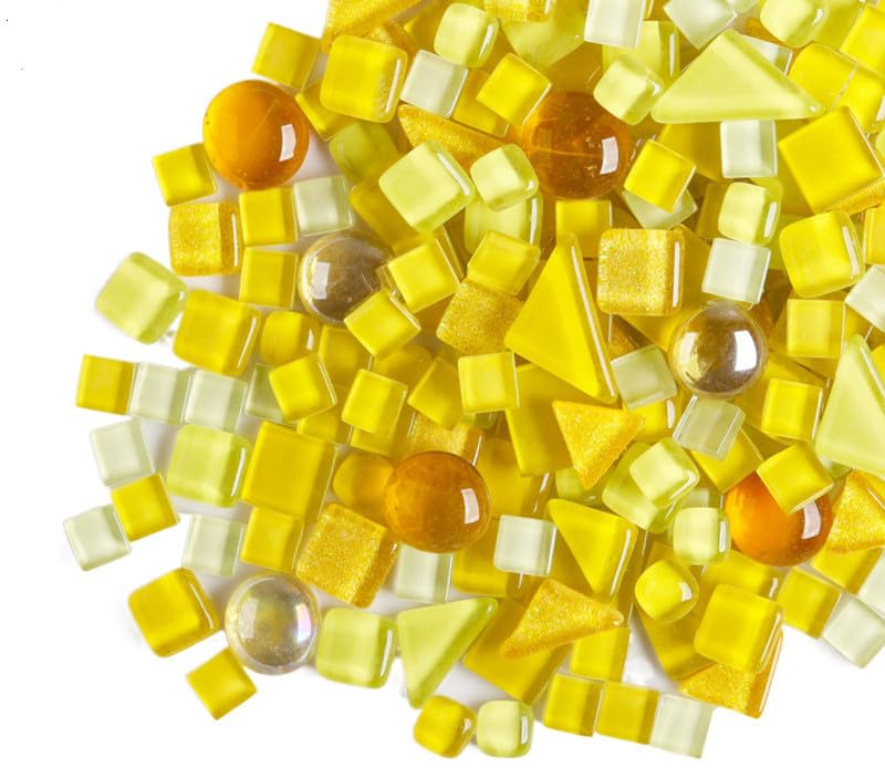 200g Irregular Crystal Mosaic Glass Tiles for Crafts, Mixed Color Small Mosaic Glass Pieces DIY Hobbies Children for Home Decoration (Yellow)