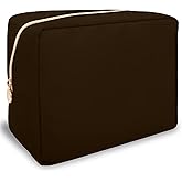 Nylon Large Makeup Bag Travel Pouch for Women, Preppy Big Makeup Bag Cute Cosmetic Zipper Pouch Purse, DIY Chenille Letter Bag Waterproof Toiletry Bag Clutch Make Up Organizer for Women Girls(Brown)