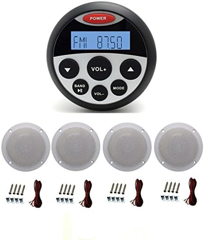 MarineMaxx Bluetooth Marine Stereo Marine Gauge Style MP3/USB Player FM AM AUX Input , 2 pairs 4 inch waterproof marine speaker System (White)
