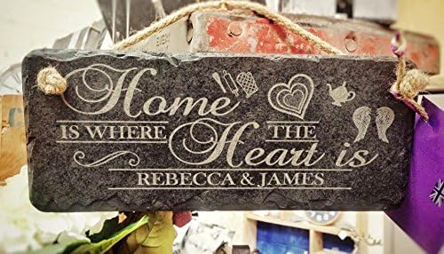 Personalised Home is Where The Heart is - Hanging Slate Sign - 25x12cm - The Perfect House Warming or Couple Gift